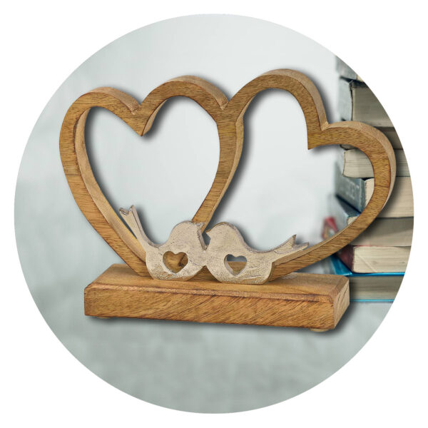 Decoratie item twee houten harten met twee vogeltjes