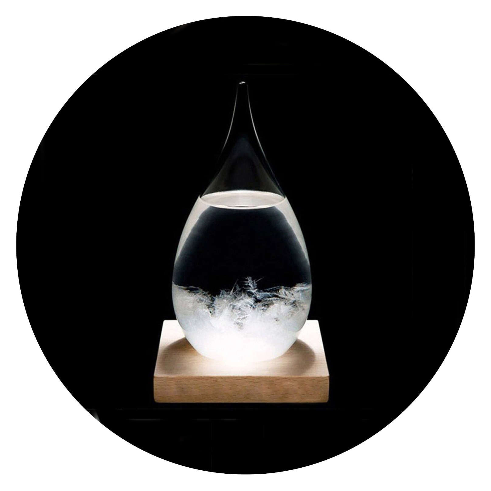 Stormglas in de vorm van een druppel op houten voet