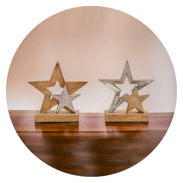 Decoratie - Twee sterren van hout en metaal